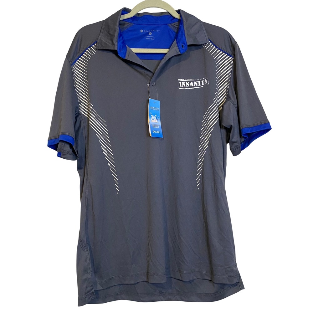 Beachbody Insanity Mens Gray Blue GCOOL Performance Polo Shirt Medium NEW NWT